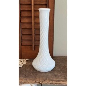 Vintage Hoosier Glass White Milk Glass Diamond Quilted Bud Vase 4092 9" MCM